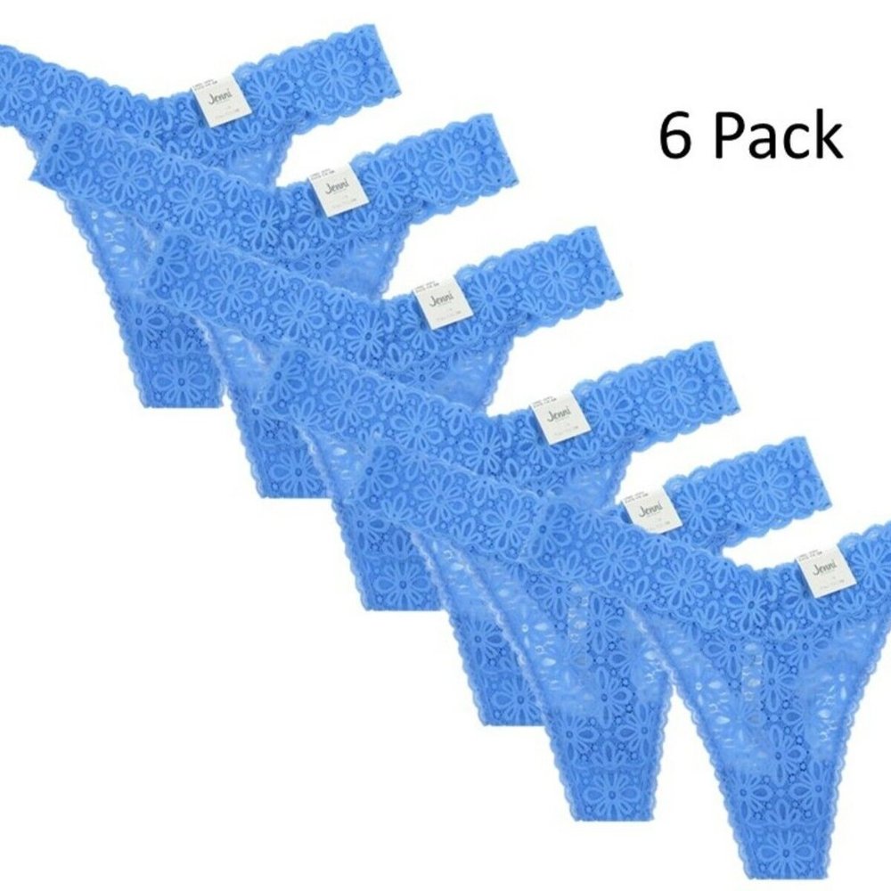 Jenni (6) pairs Thong Plus Size One Size Fits 1X-3X NWT Blue Lace